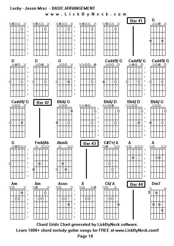 Chord Grids Chart of chord melody fingerstyle guitar song-Lucky - Jason Mraz  - BASIC ARRANGEMENT,generated by LickByNeck software.